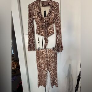 AFRM Brown & White Animal Print Ruffled Tie-Front Top and Pants Set